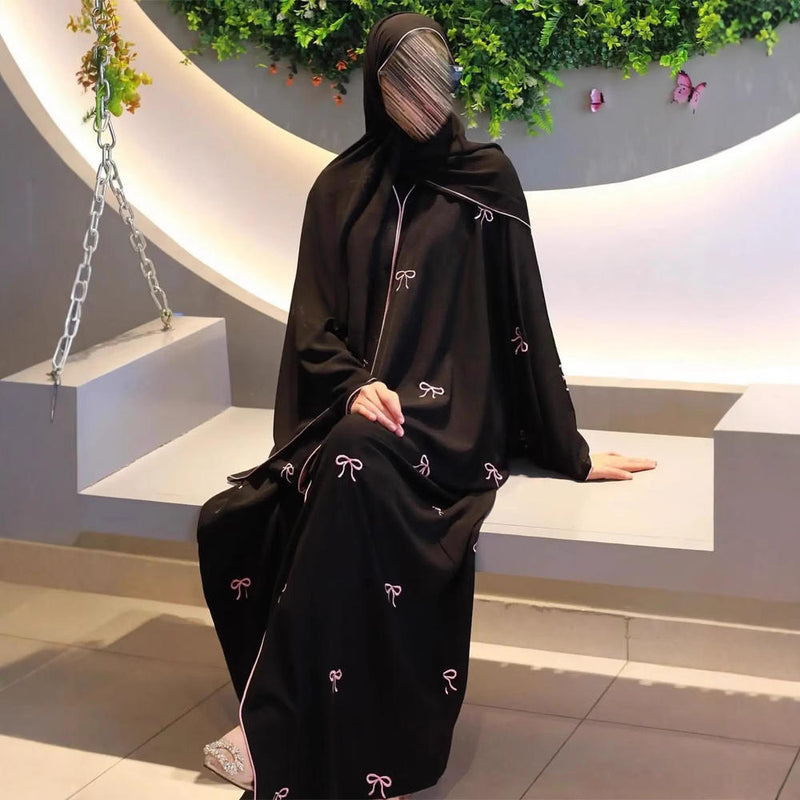 40% Off Today Modest Black Abaya Pink Bow Embroidery Islamic Robe Elegant