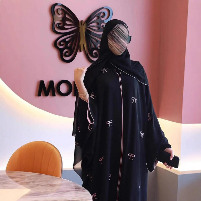 40% Off Today Modest Black Abaya Pink Bow Embroidery Islamic Robe Elegant